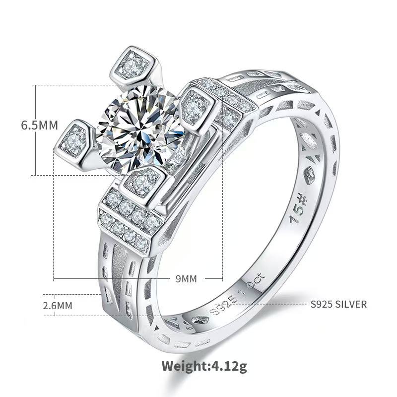Parisian Style 1ct Moissanite Ring - D Color 925 Silver Plated with Rhodium