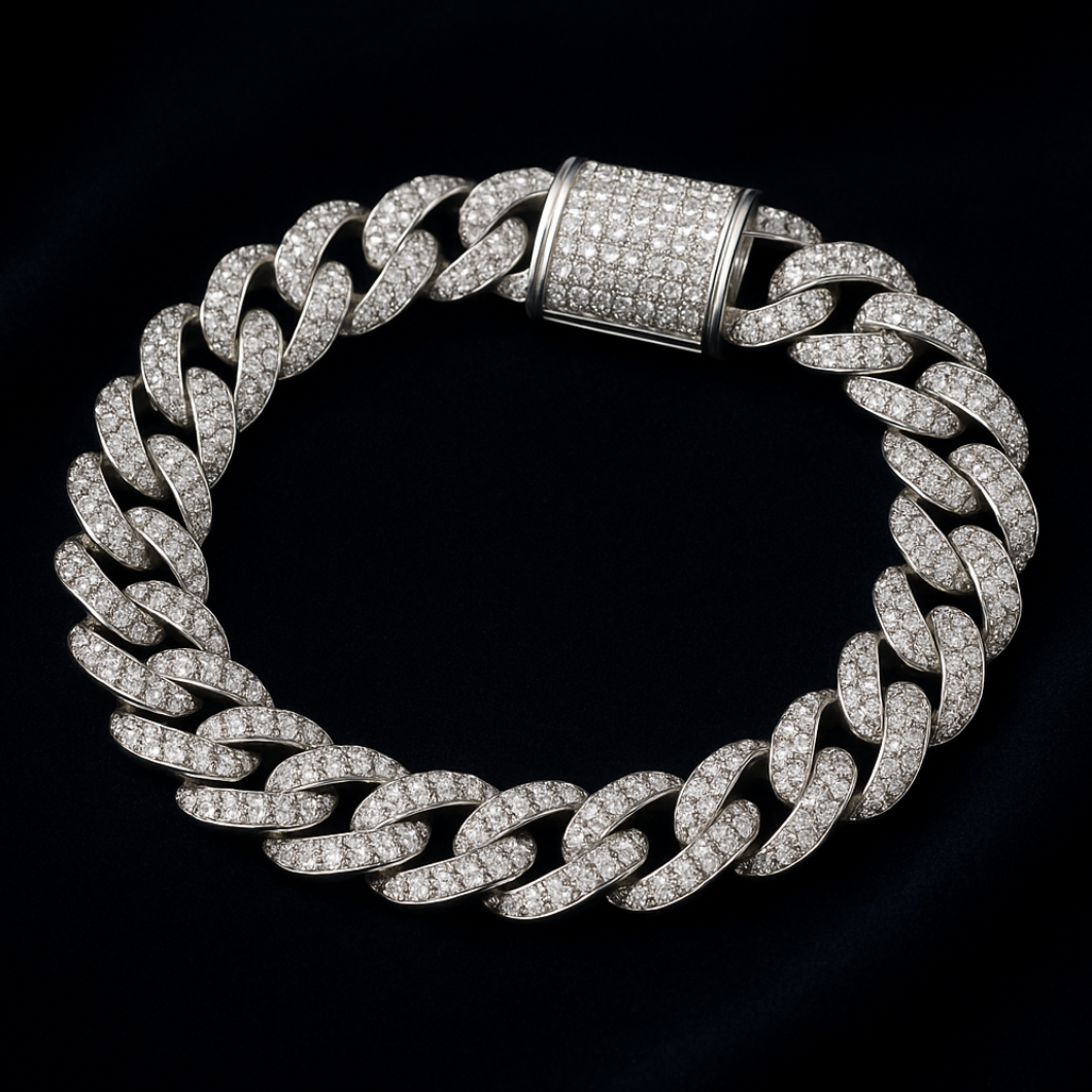 Wide Cuban Link Chain in Sterling Silver (S925), with Round White Moissanite Melee Stones, DVVS Quality