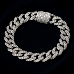 Wide Cuban Link Chain in Sterling Silver (S925), with Round White Moissanite Melee Stones, DVVS Quality
