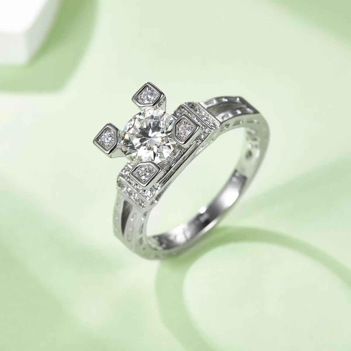 Parisian Style 1ct Moissanite Ring - D Color 925 Silver Plated with Rhodium