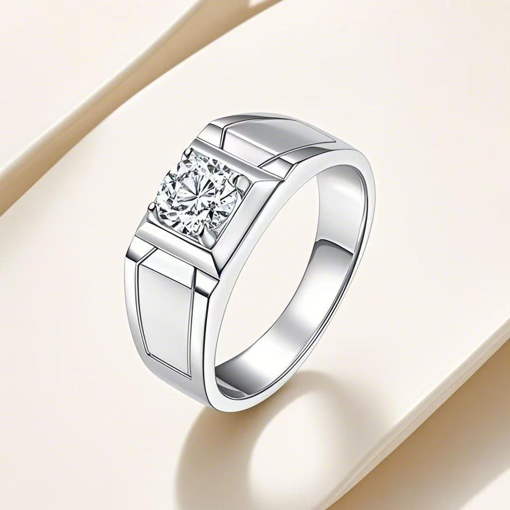 Felistly Jewelry: men gents ring S925 Sterling Silver Moissanite Men's Ring 1ct D Color Closed Thick Plated White Gold Bold & Minimalist Style
