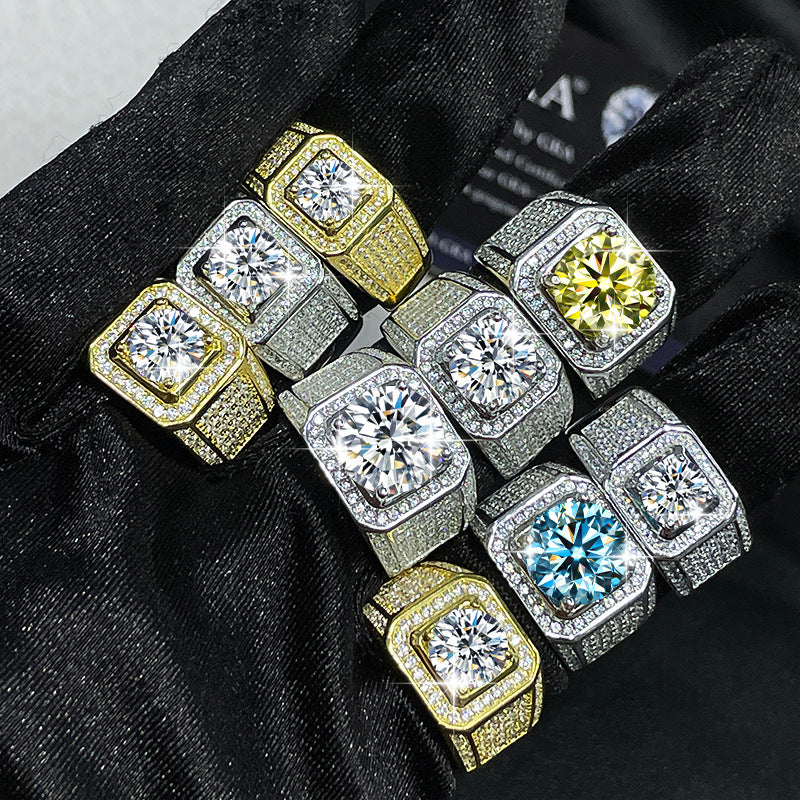 men gents ring Statement 5ct Moissanite Gold-Plated Ring - Premium 925 Silver Men's Jewelry