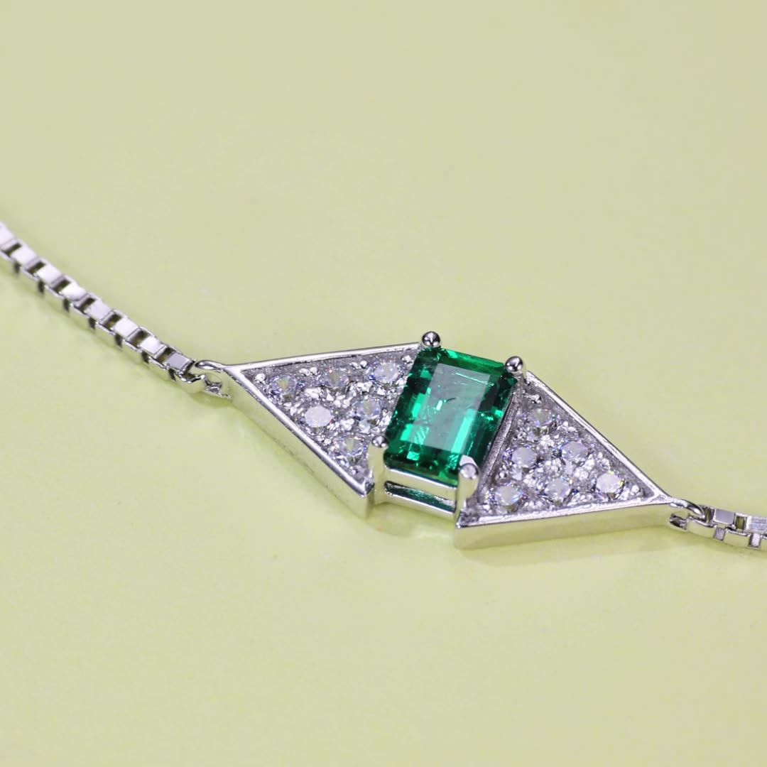 Modern Geometric Bracelet - Lab-Created Emerald & Ruby in 925 Silver (Women's Stackable Jewelry)