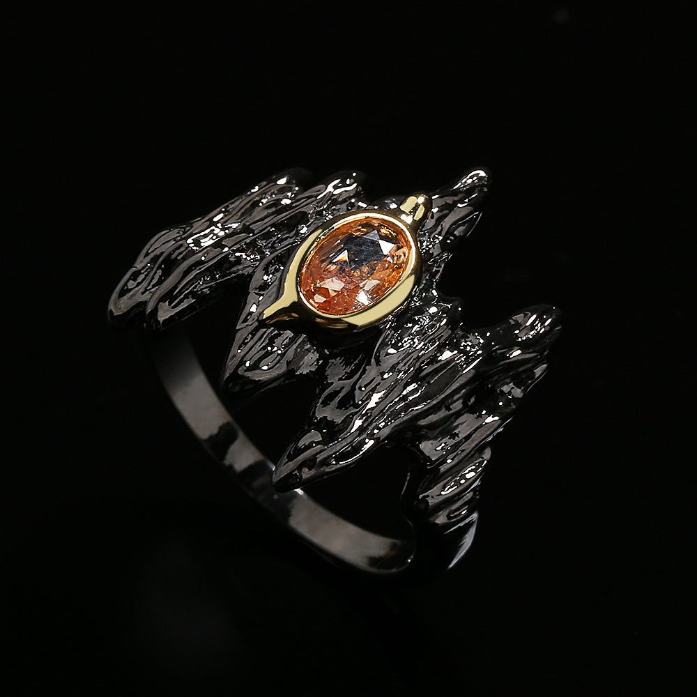 Felistly Jewelry: Punk Style Amber & Zircon Women's Ring - Black Gold Irregular Branch-Shaped Statement Jewelry for Party