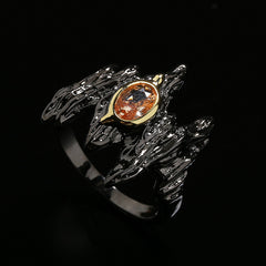 Felistly Jewelry: Punk Style Amber & Zircon Women's Ring - Black Gold Irregular Branch-Shaped Statement Jewelry for Party
