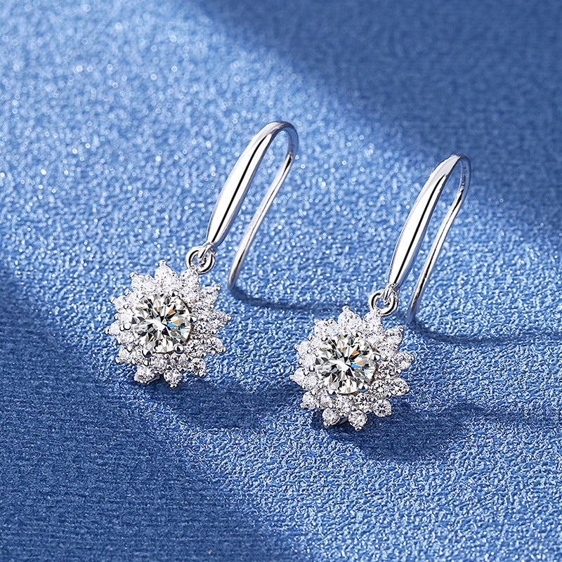 Sunflower Moissanite Earrings - 925 Silver French Pavé Jewelry (Hook/Stud Combo)