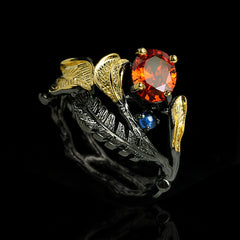 Felistly Jewelry: Exquisite Black Gold Jewelry - Black Feather Ring with Red Zircon, Gothic Party Jewelry for Women