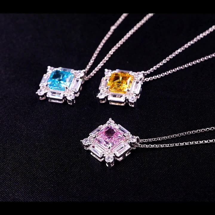 Women’s Lab-Created Ruby Pendant Necklace - Geometric 925 Silver Collarbone Jewelry
