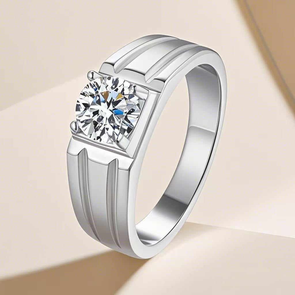 Felistly Jewelry: Men gents ring Men's S925 Sterling Silver Moissanite Ring – 1 Carat 8 Hearts & Arrows, Passes Diamond Tester, Brushed Finish, Minimalist Business Style