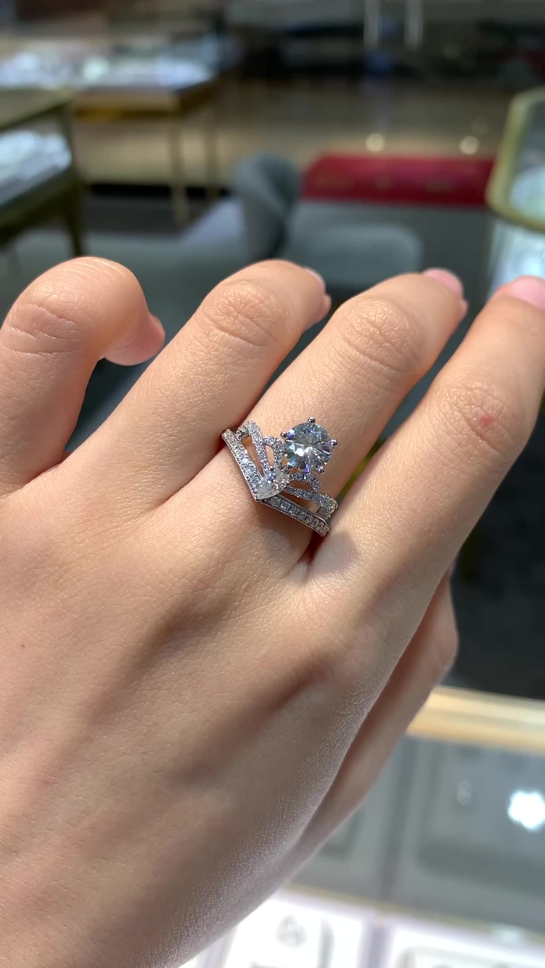 engagement rings for women | Luxury 1ct + 0.8ct D Moissanite Crown Ring – Platinum-Plated 925 Silver |