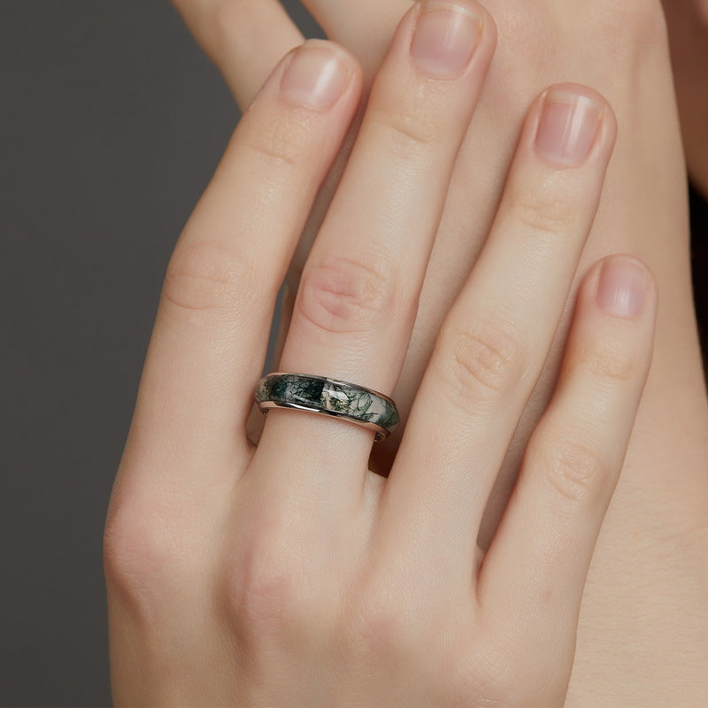 wedding bands for women | Trendy Minimalist Natural Moss Agate Ring – S925 Sterling Silver Green Dendritic Stone Cocktail Ring, Western Fashion