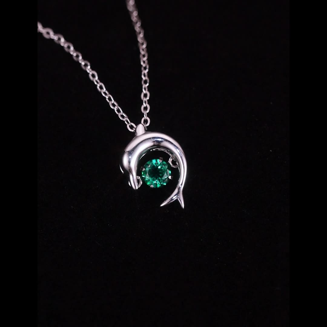 3D Dolphin Emerald Pendant Necklace – Lab-Created Gem in 925 Silver, Vintage Inspired