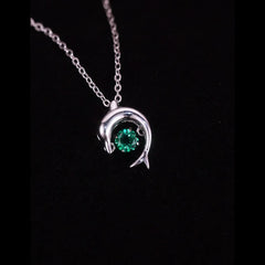 3D Dolphin Emerald Pendant Necklace – Lab-Created Gem in 925 Silver, Vintage Inspired