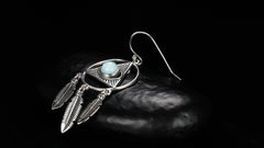 Handmade Larimar Silver Earrings - Vintage Bohemian Fringe Jewelry for Women