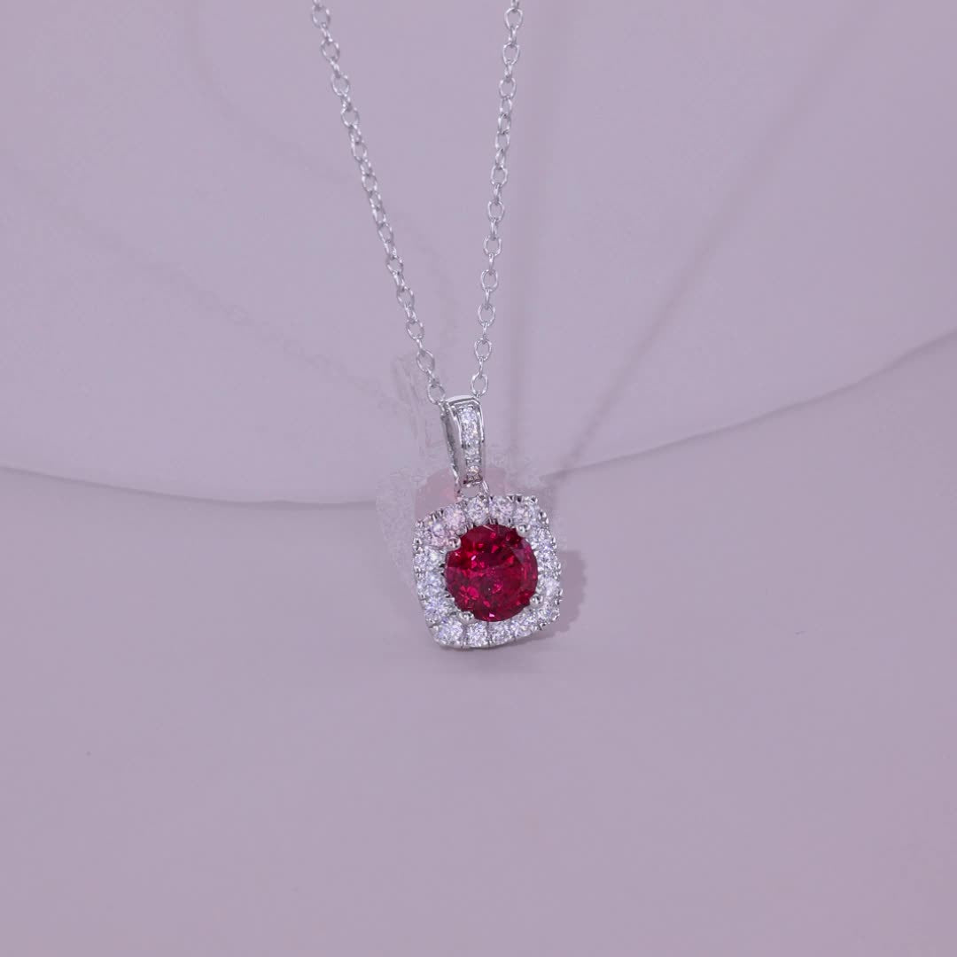 Luxury Square Pavé Ruby Pendant Necklace – Lab-Created Gemstone in 925 Silver