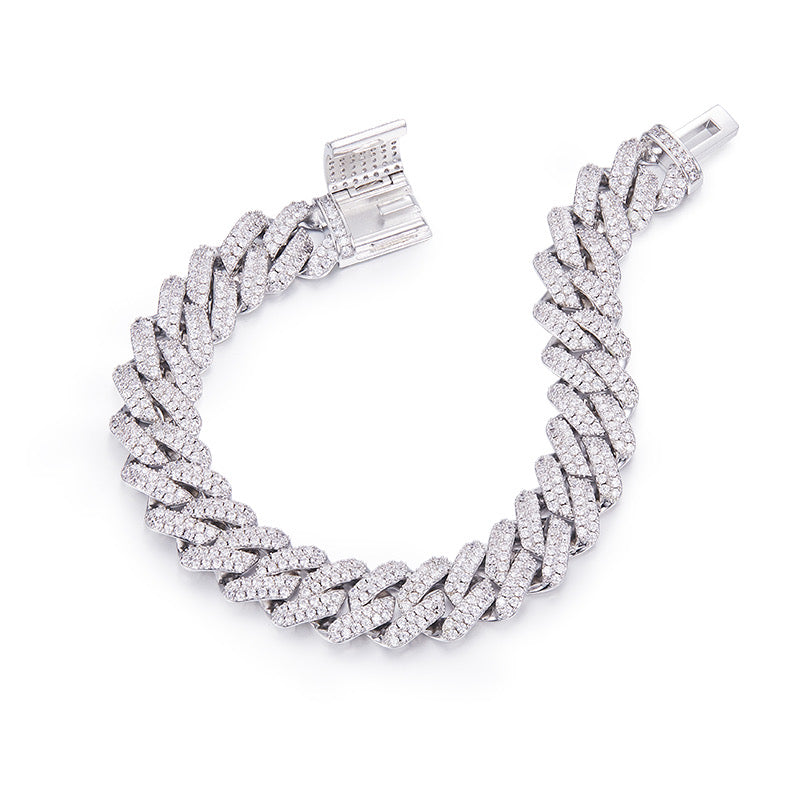 Wide Cuban Link Chain in Sterling Silver (S925), with Round White Moissanite Melee Stones, DVVS Quality