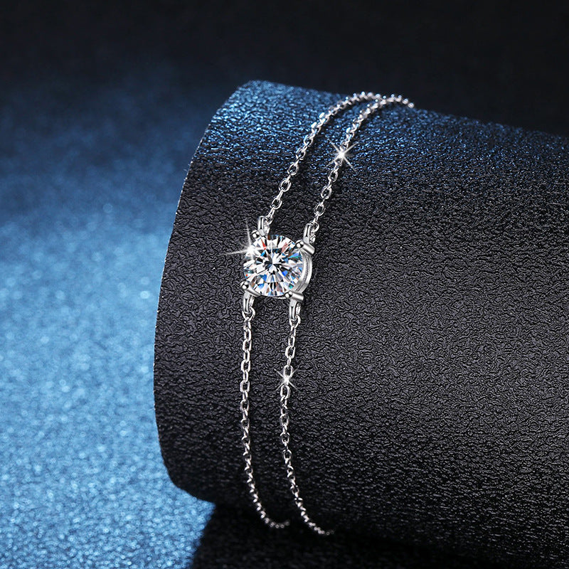 Felistly Jewelry: 1CT Moissanite Double Chain Bracelet - 925 Silver Four-Prong Setting Jewelry for Women