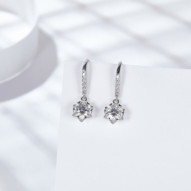 D Color Moissanite Snowflake Earrings – 925 Silver 6-Prong Dangle Earrings for Women