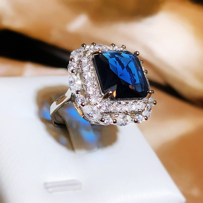 Felistly Jewelry: 2025 New Royal Blue Luxury Square Ring - Fashionable Full Pavé Adjustable Square Ring for Women