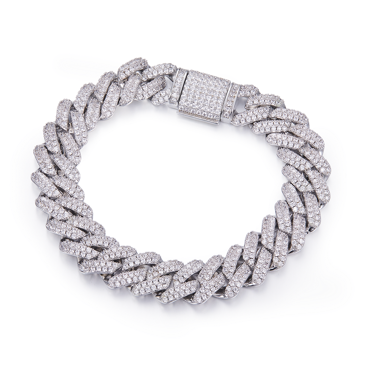 Wide Cuban Link Chain in Sterling Silver (S925), with Round White Moissanite Melee Stones, DVVS Quality