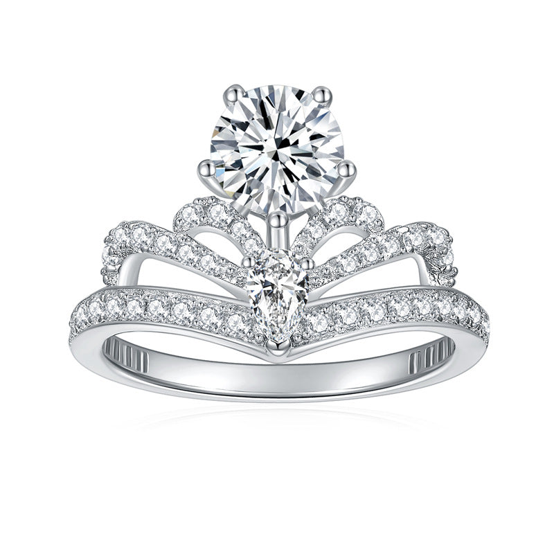 engagement rings for women | Luxury 1ct + 0.8ct D Moissanite Crown Ring – Platinum-Plated 925 Silver |