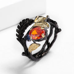 Felistly Jewelry: Exquisite Black Gold Jewelry - Black Feather Ring with Red Zircon, Gothic Party Jewelry for Women