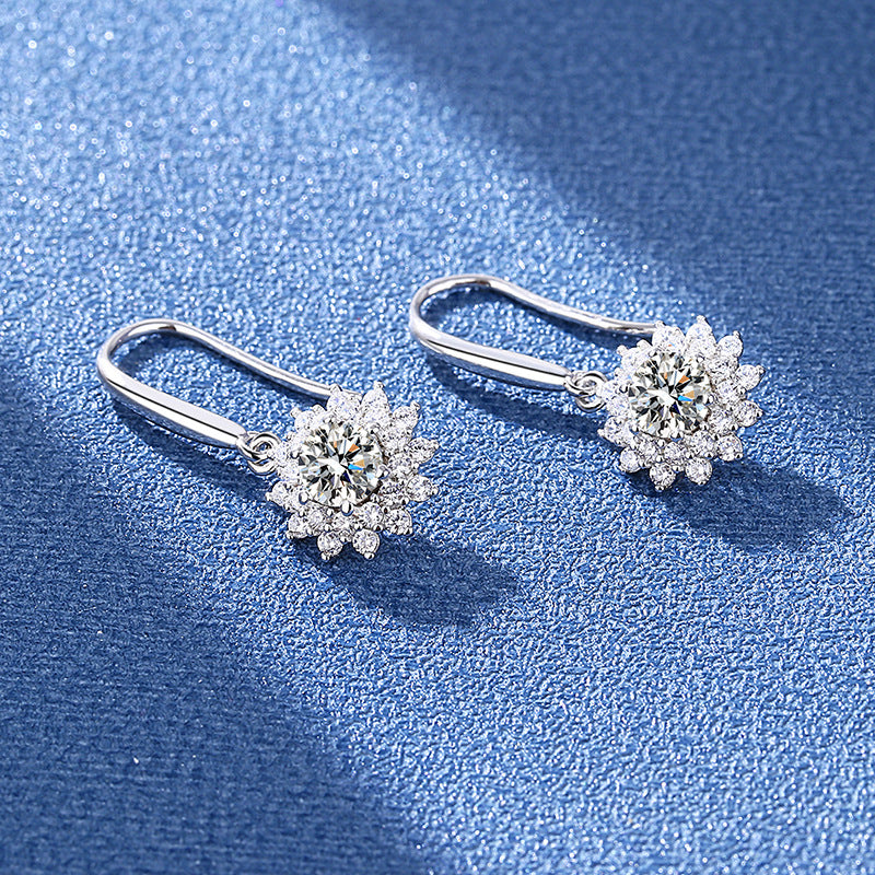 Sunflower Moissanite Earrings - 925 Silver French Pavé Jewelry (Hook/Stud Combo)