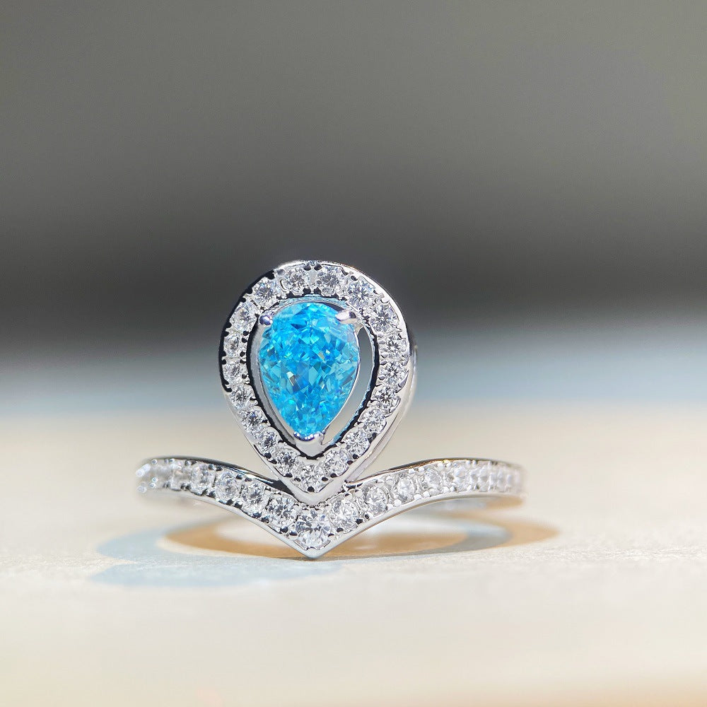 Felistly Jewelry: Teardrop Crown Ring S925 Sterling Silver Aquamarine Ice-Cut Ring with Pear-Shaped Blue Zircon & High Carbon Diamond