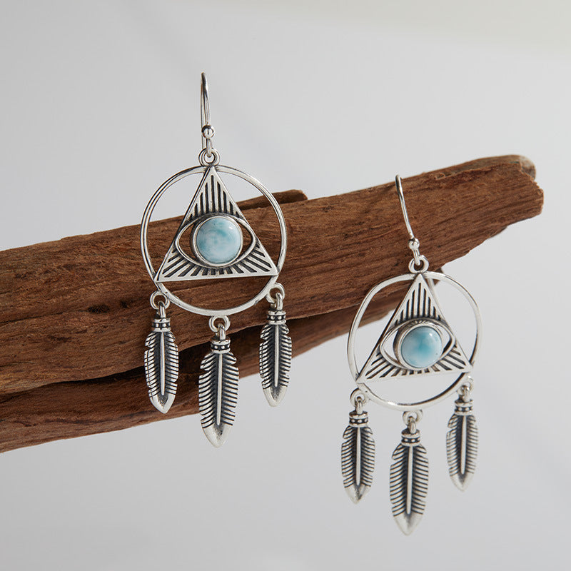 Handmade Larimar Silver Earrings - Vintage Bohemian Fringe Jewelry for Women