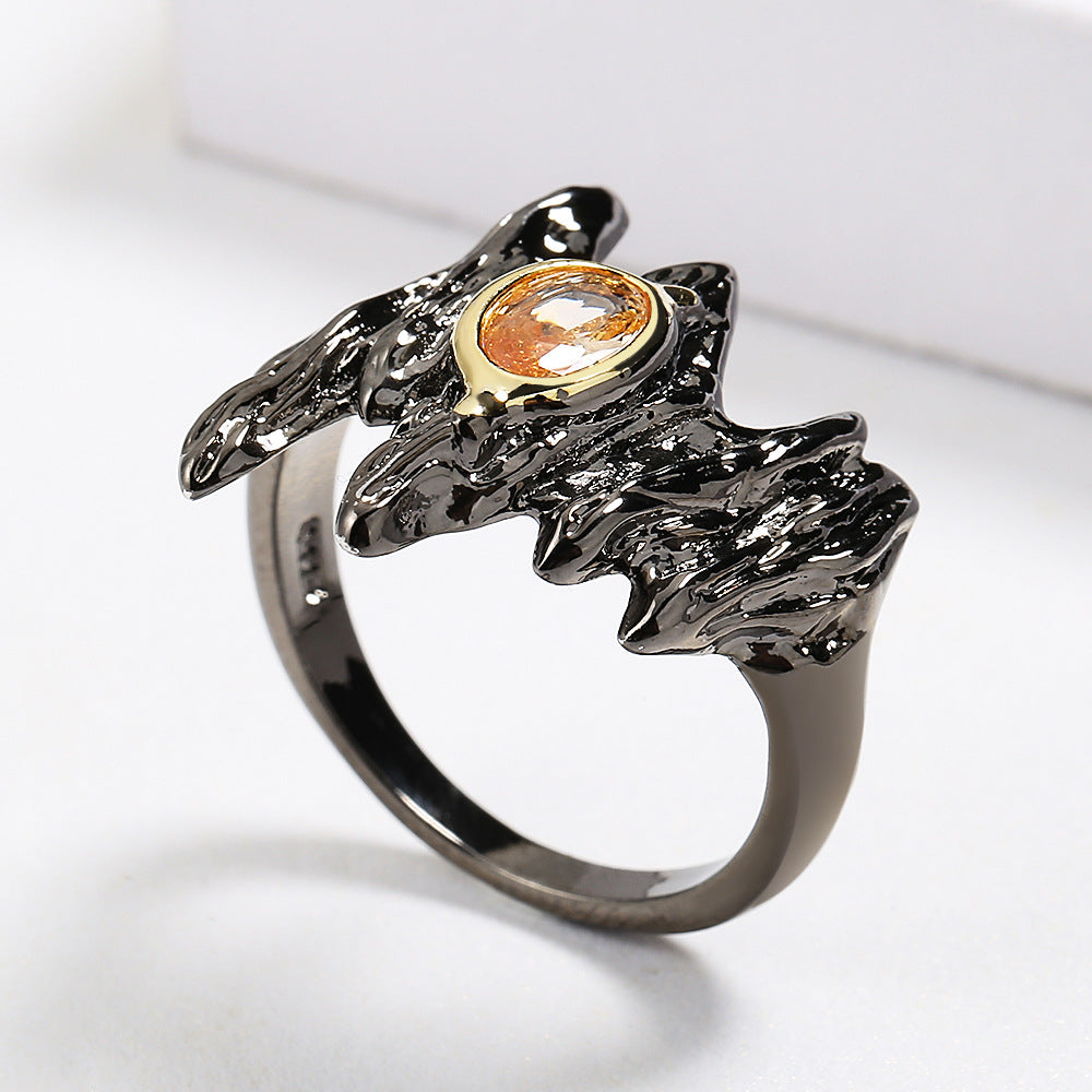 Felistly Jewelry: Punk Style Amber & Zircon Women's Ring - Black Gold Irregular Branch-Shaped Statement Jewelry for Party