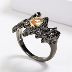 Felistly Jewelry: Punk Style Amber & Zircon Women's Ring - Black Gold Irregular Branch-Shaped Statement Jewelry for Party