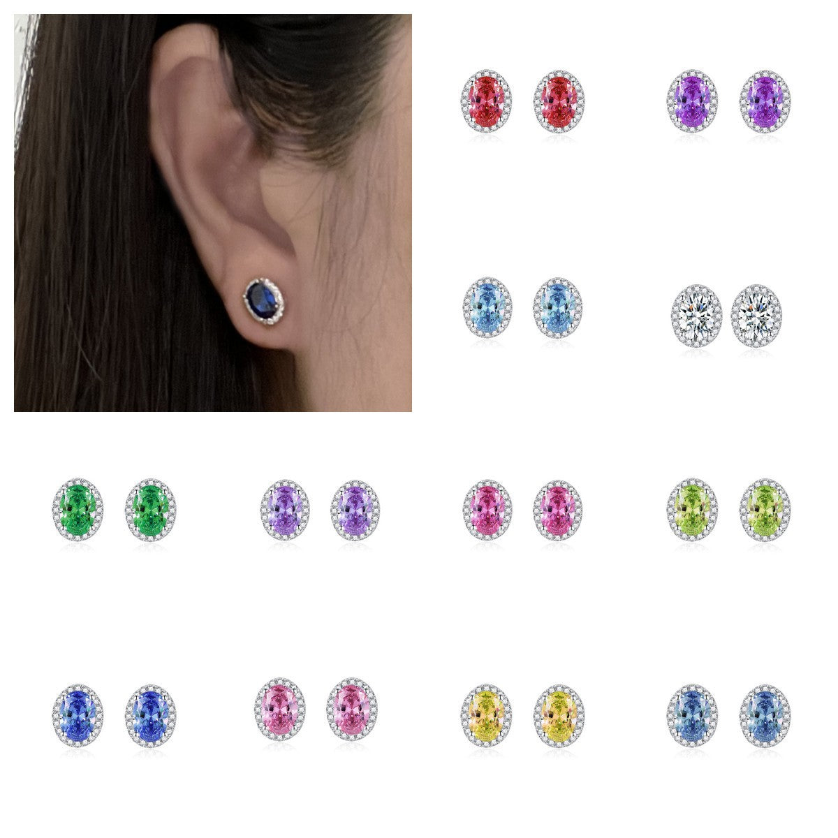 Birthstone Stud Earrings - 925 Silver 12 Months Gem Collection (Hypoallergenic)