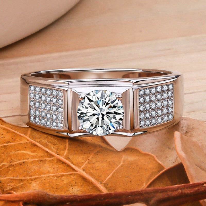 Men gents ring Men's Moissanite Ring - 1ct D Color Moissanite in 925 Sterling Silver with Halo Setting