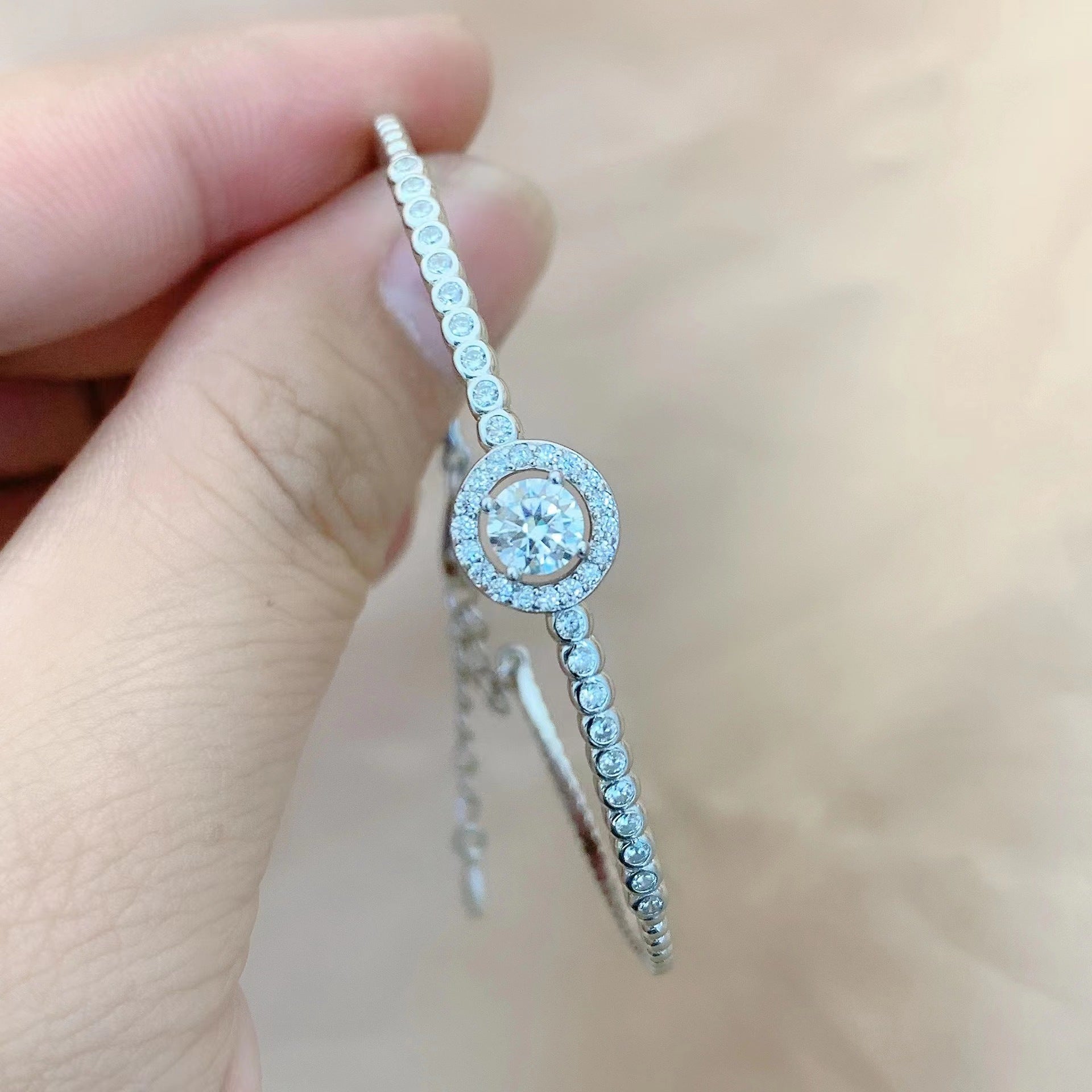 Felistly Jewelry: Ladies' Moissanite Bracelet - S925 Sterling Silver Round Bezel Bangle, Dainty & Lightweight Luxury Pavé Design