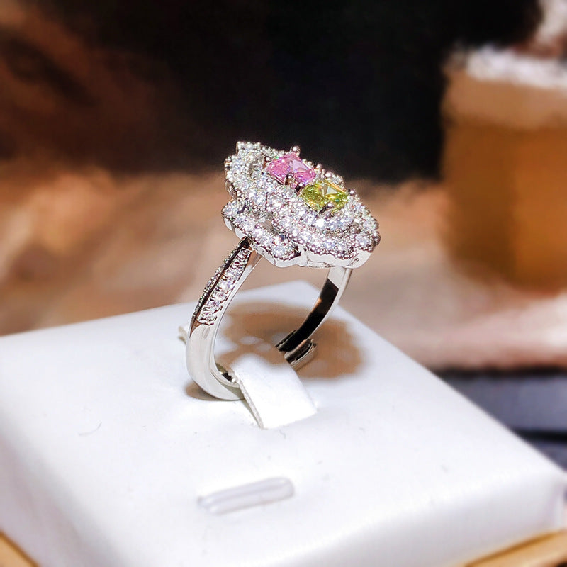 Felistly Jewelry: Pink Diamond & Colored Gemstone Ring for Women - Featuring Yellow Diamond Square CZ Accents, Adjustable Open Band
