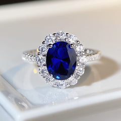 Felistly Jewelry: S925 Sterling Silver Sapphire Ring for Women, Solitaire Pigeon Egg Shape with Luxurious Full Halo