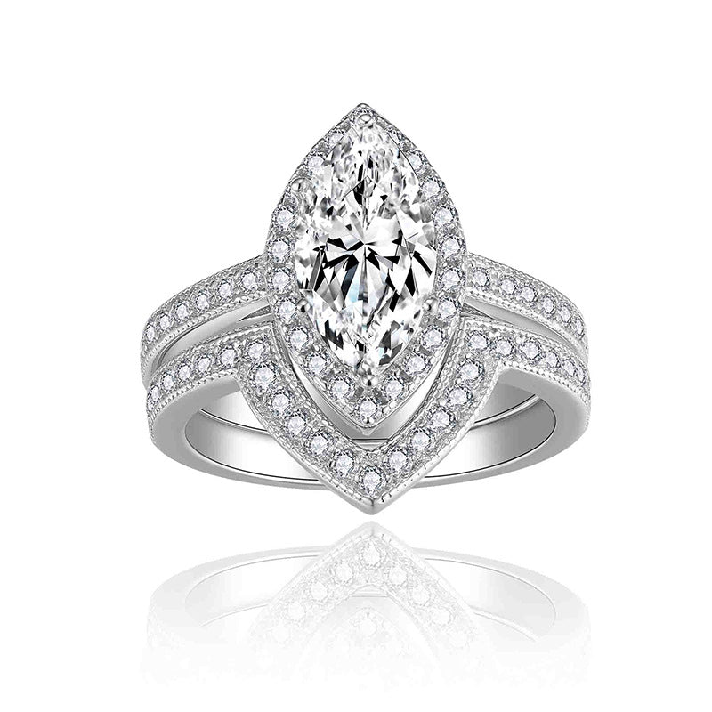 Felistly Jewelry: engagement rings for women | Petite French-Inspired Vintage Beaded 6x12mm Marquise 2ct Ring Set in Sterling Silver 18K Gold Plated | elongated cushion cut with wedding band
