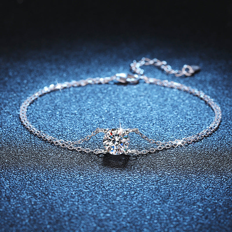 Felistly Jewelry: 1CT Moissanite Double Chain Bracelet - 925 Silver Four-Prong Setting Jewelry for Women
