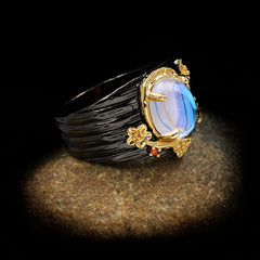 Felistly Jewelry: Cross-Border Creative Abstract Art Line Wrapped Moonstone Ring – Exaggerated Black & Gold Dual-Tone Closed Statement Ring for Women