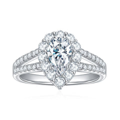 engagement rings for women | 1.74ct D Color Pear Moissanite Ring - Platinum Over Sterling Silver | elongated cushion cut with wedding band