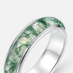 wedding bands for women | Trendy Minimalist Natural Moss Agate Ring – S925 Sterling Silver Green Dendritic Stone Cocktail Ring, Western Fashion