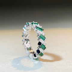 Felistly Jewelry: wedding bands for women New S925 Sterling Silver Emerald Cut Full Diamond Eternity Band Ring - Trendy Viral Sparkling Emerald Green Ring