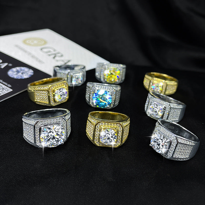 men gents ring Statement 5ct Moissanite Gold-Plated Ring - Premium 925 Silver Men's Jewelry