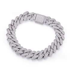 Wide Cuban Link Chain in Sterling Silver (S925), with Round White Moissanite Melee Stones, DVVS Quality
