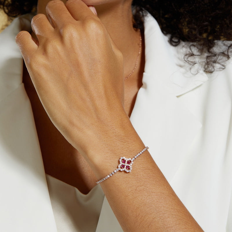 Four-Leaf Luck Bracelet - Lab Ruby & 925 Silver Minimalist Stackable Jewelry