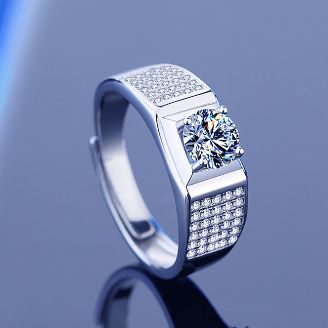 Men gents ring Men's Moissanite Ring - 1ct D Color Moissanite in 925 Sterling Silver with Halo Setting