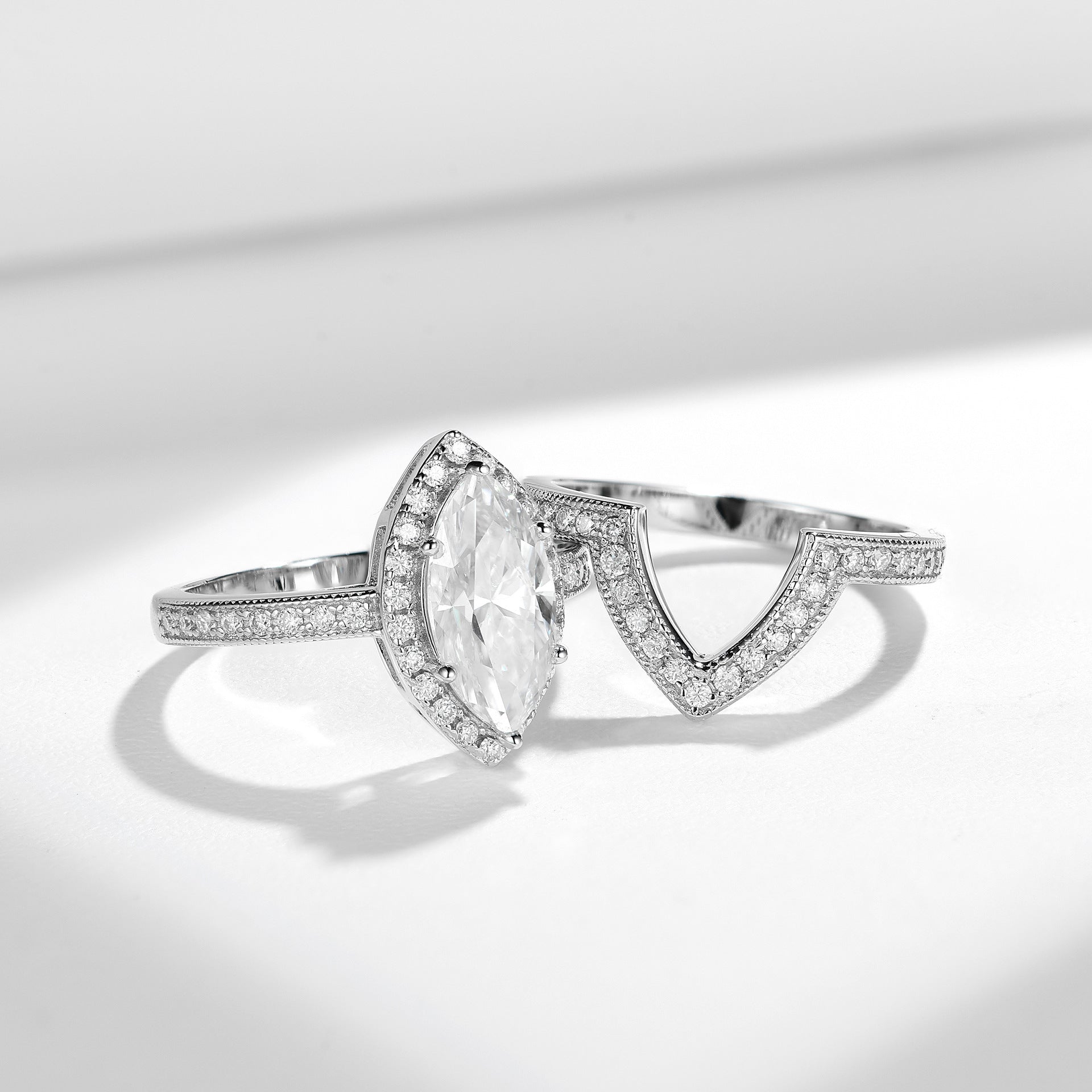 Felistly Jewelry: engagement rings for women | Petite French-Inspired Vintage Beaded 6x12mm Marquise 2ct Ring Set in Sterling Silver 18K Gold Plated | elongated cushion cut with wedding band