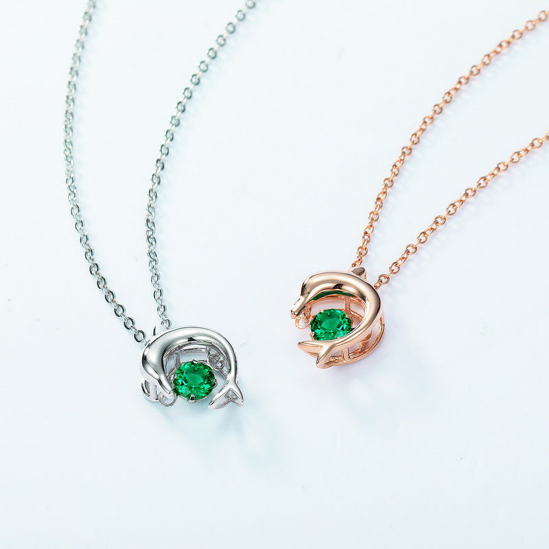 3D Dolphin Emerald Pendant Necklace – Lab-Created Gem in 925 Silver, Vintage Inspired