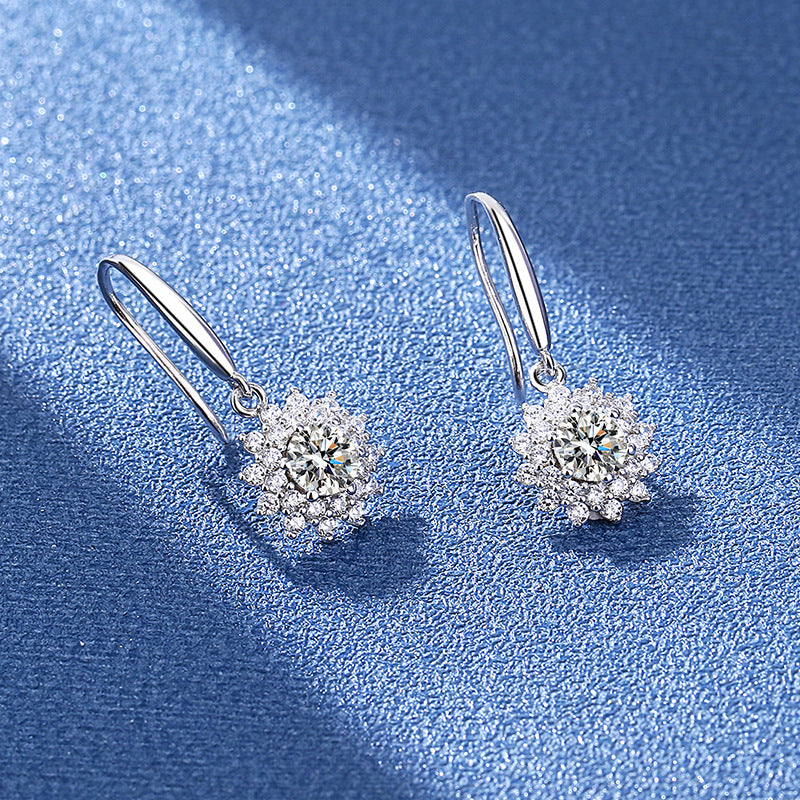 Sunflower Moissanite Earrings - 925 Silver French Pavé Jewelry (Hook/Stud Combo)