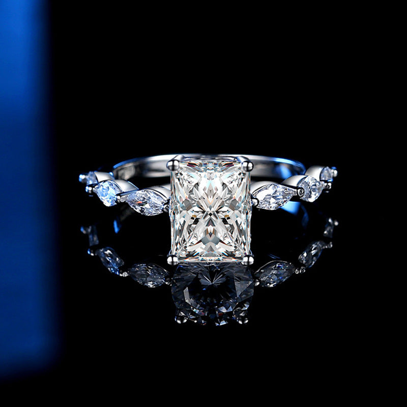 Luxury 3ct Rectangular Moissanite Ring – Platinum-Plated 925 Silver 'Starry Sky' Collection